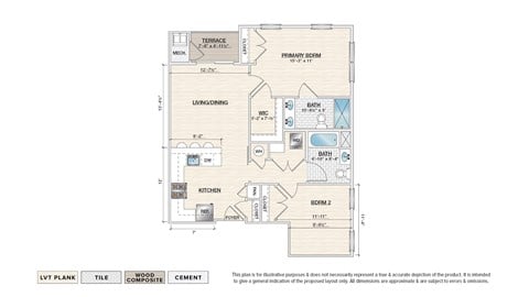 Floor plan for 2 beds, 2 baths, 963 sqft